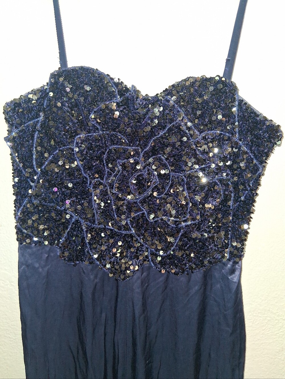 Badgley Mischka Satin Sequin Jumpsuit Midnight Blue Black Formal 8 - Picture 5 of 10